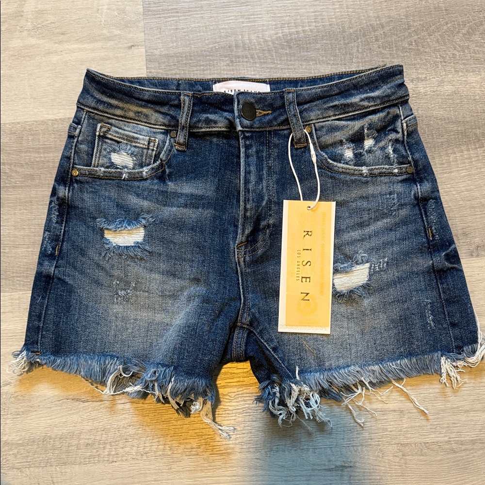 Risen Women's Frayed Hem Jean Shorts - Dark Blue